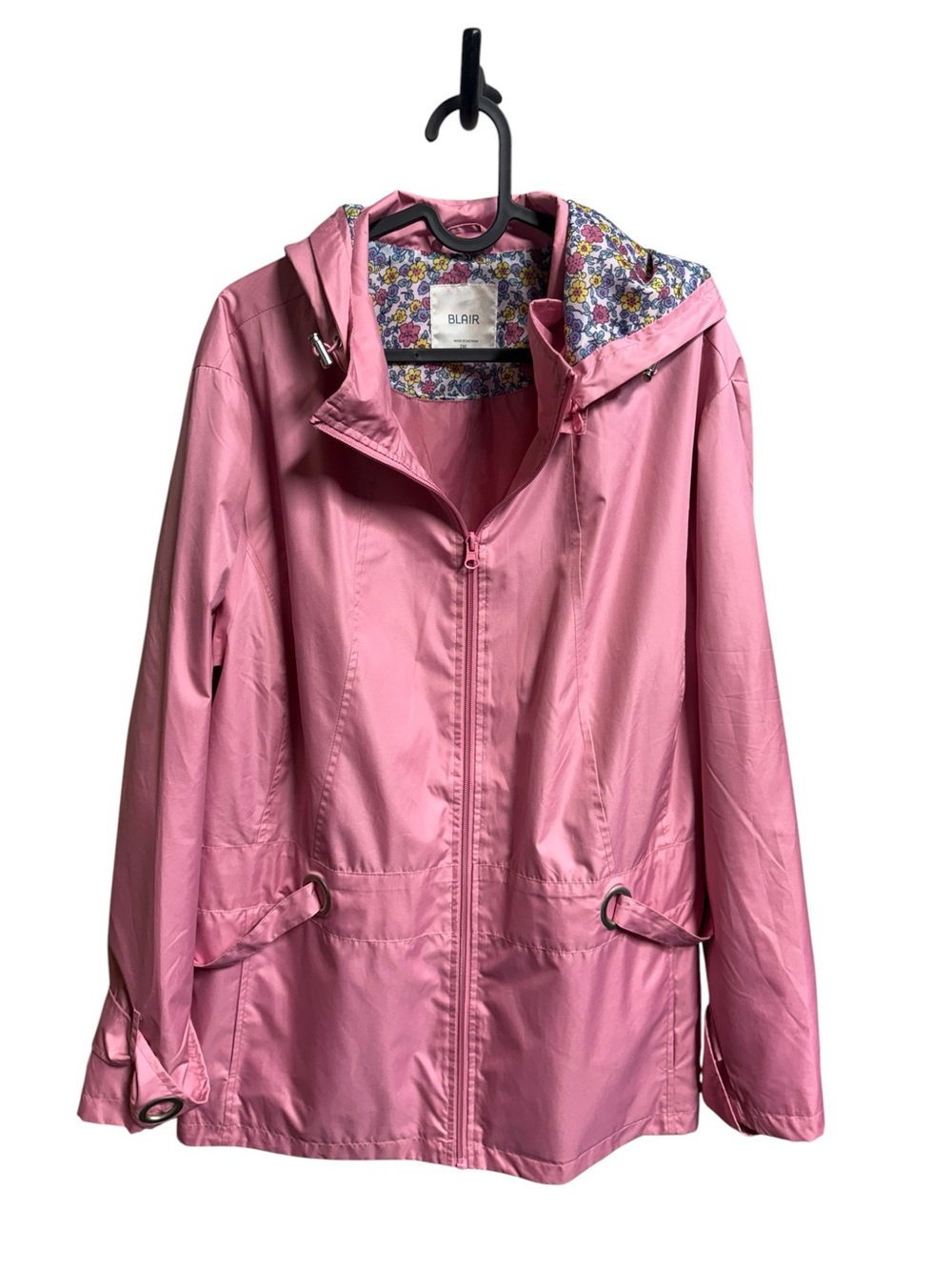 Blair Women’s Pink Hooded Rain Jacket Floral Lined 2XL Lightweight Zip Front